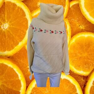 Vintage Skiva Faux Turtle Neck‎ White and Flower Design Sweater Size M